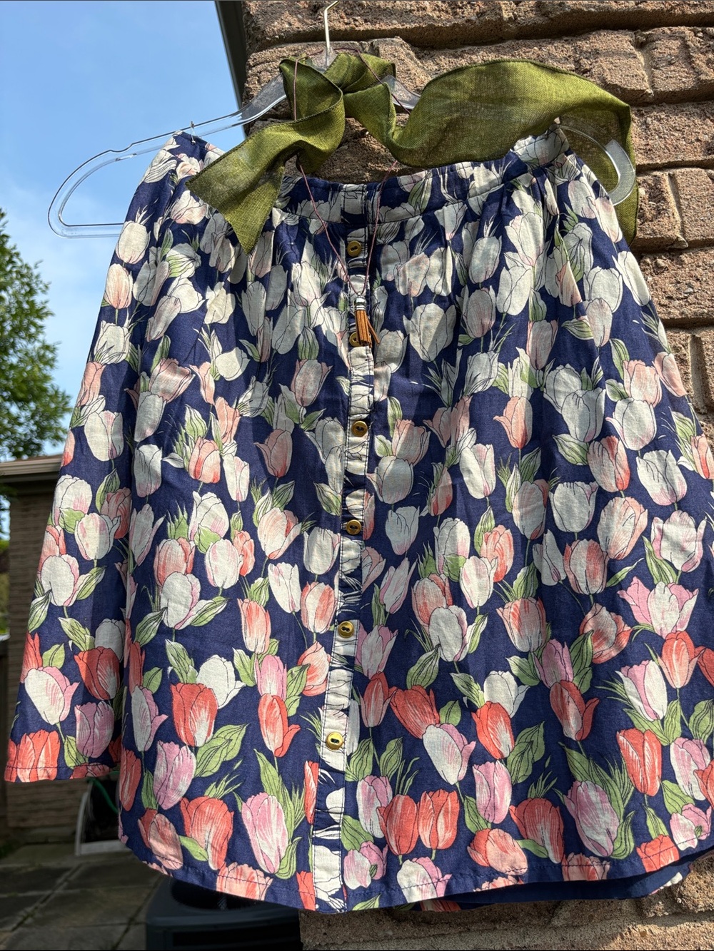 💯% Cotton Navy & Pink Floral Button-up Skirt with w/ handcrafted extras!